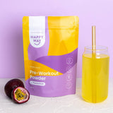 Happy Way Passionfruit Pre-Workout Powder 250g with prepared drink