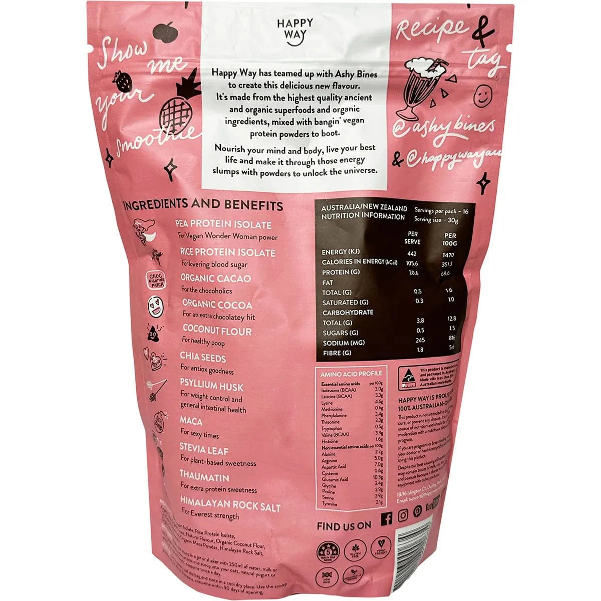 Happy Way Protein Powder Happy Way Ashy Bines VEGAN Protein Powder Triple Choc Fudge 500g