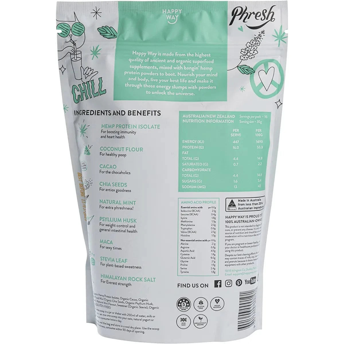 Happy Way Protein Powder Happy Way Hemp Vegan Protein Powder Cacao Mint 500g