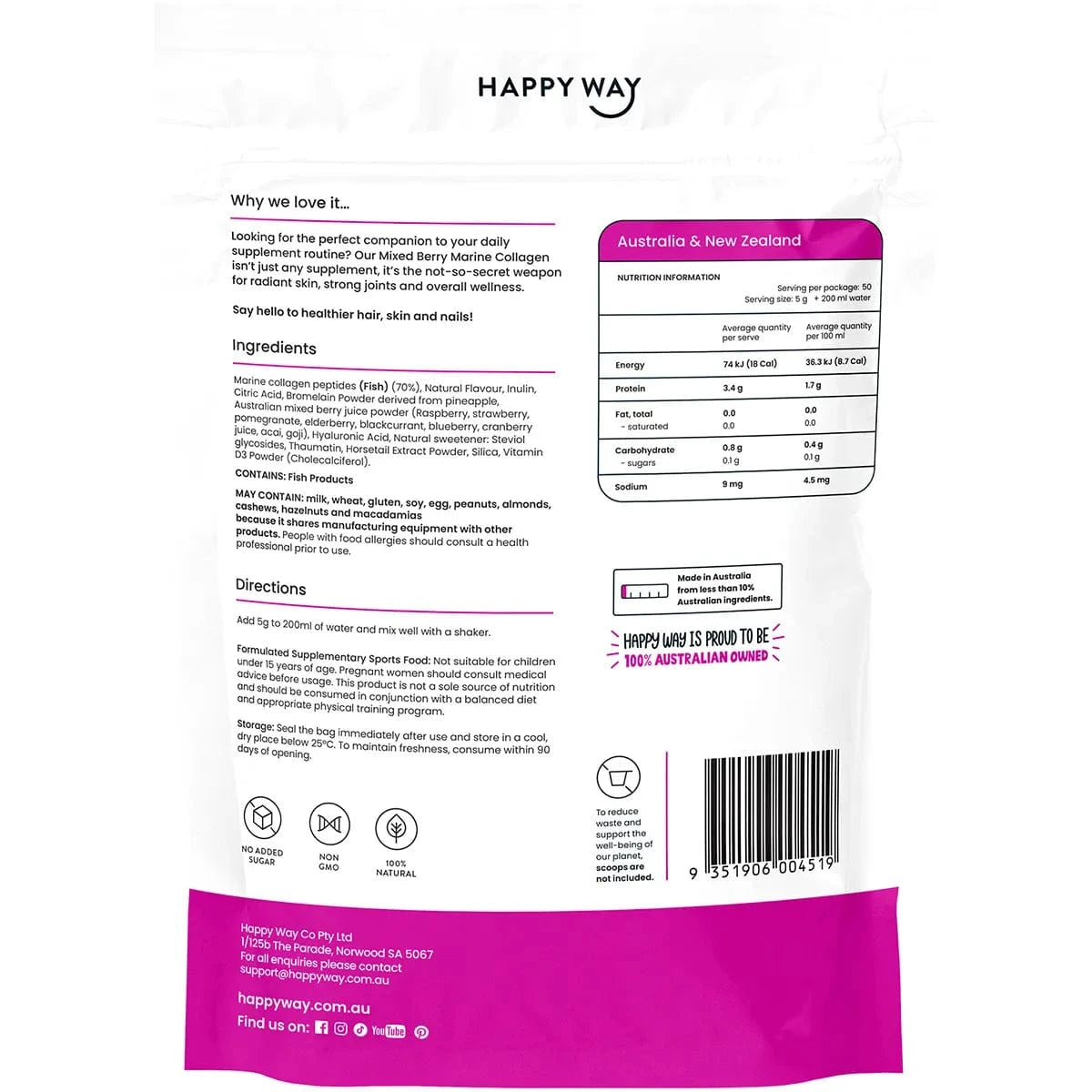 Happy Way Protein Powder Happy Way Marine Collagen + Vitamin D Mixed Berry 250g