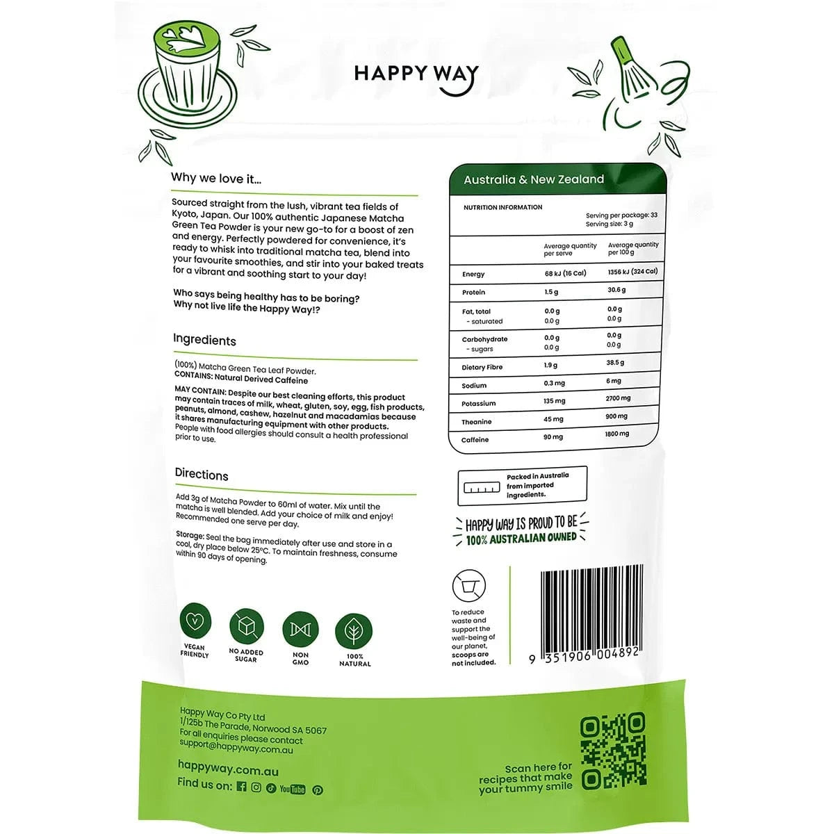 Happy Way Protein Powder Happy Way Matcha Green Tea Powder 100g