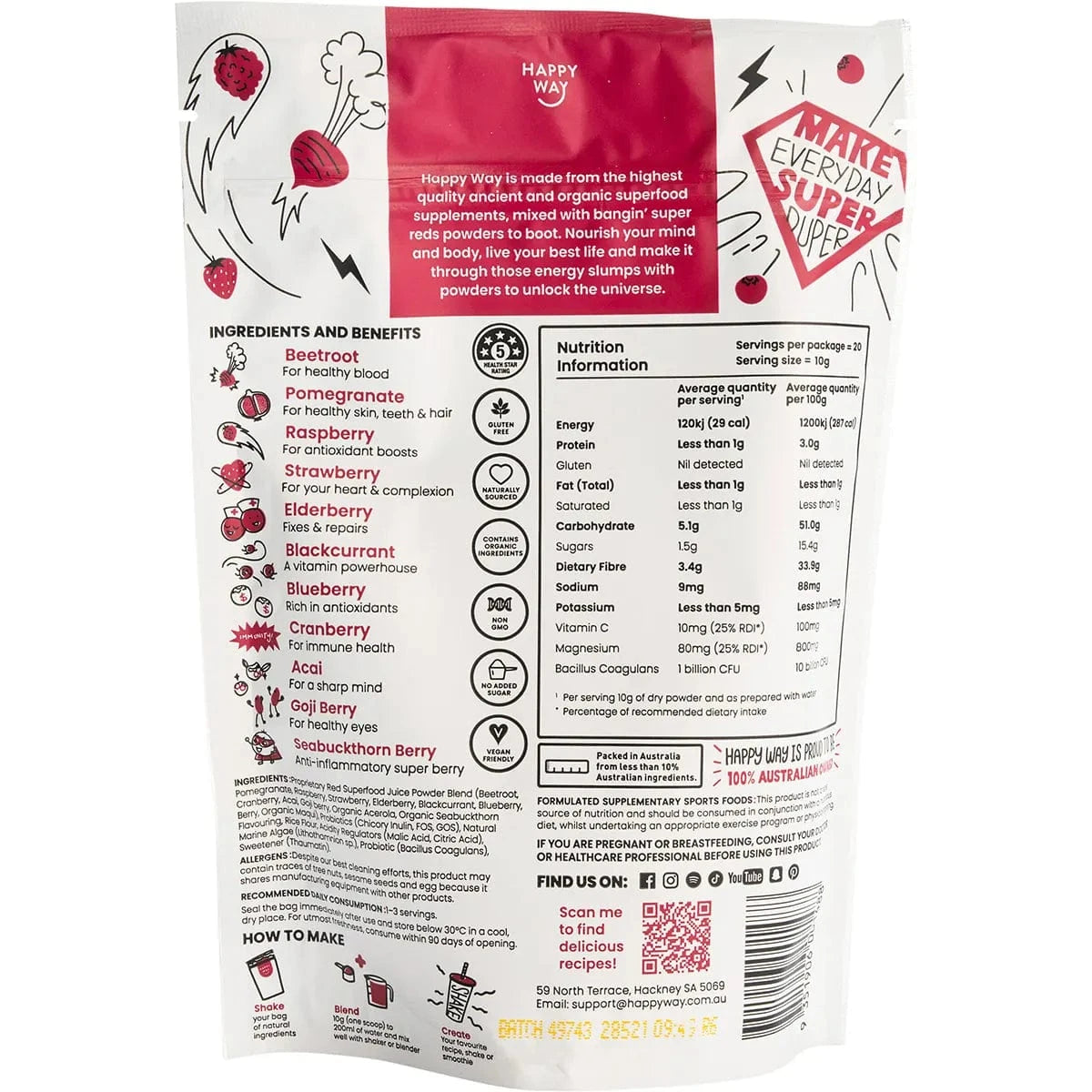 Happy Way Protein Powder Happy Way Super Reds Powder Raspberry 200g