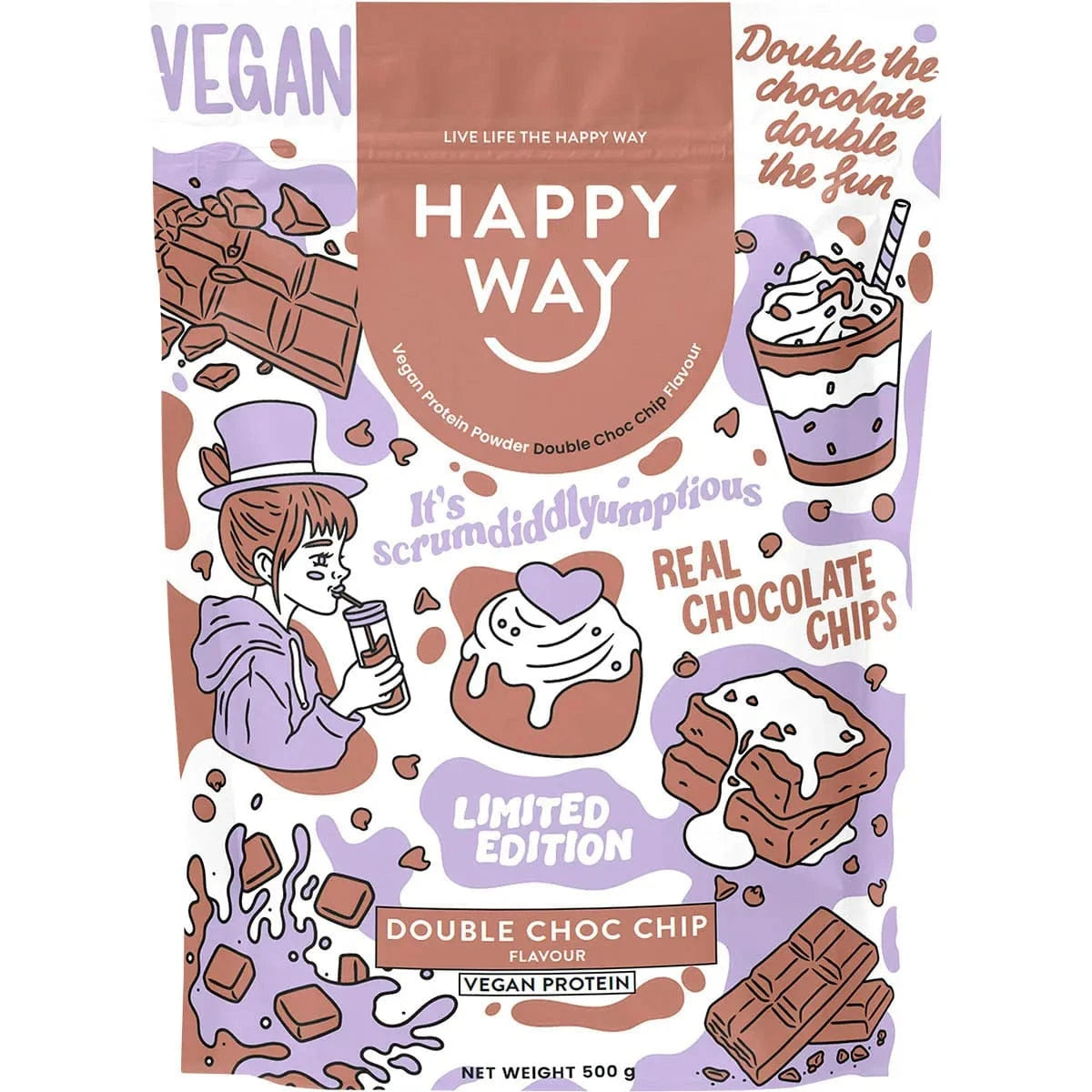 Happy Way Protein Powder Happy Way Vegan Protein Powder Double Choc Chip 500g
