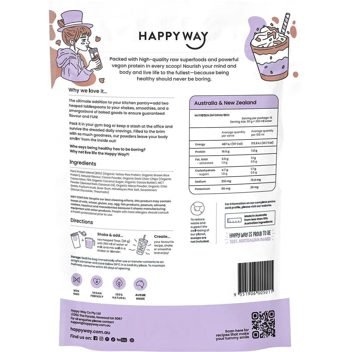 Happy Way Protein Powder Happy Way Vegan Protein Powder Double Choc Chip 500g