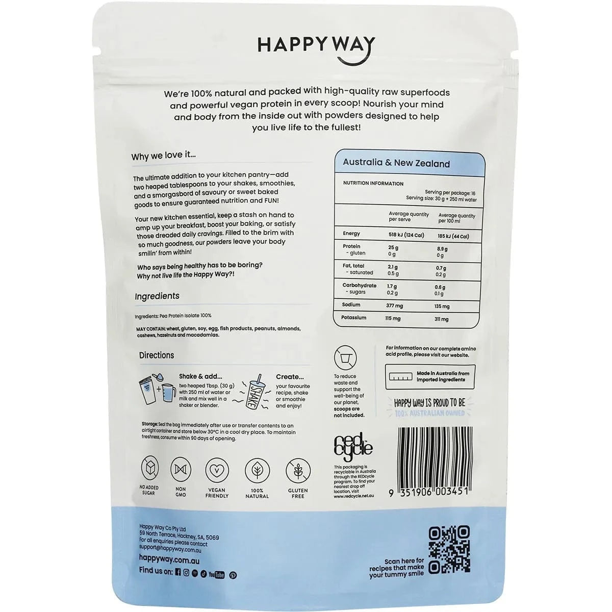 Happy Way Protein Powder Happy Way VEGAN Protein Powder Flavourless 500g