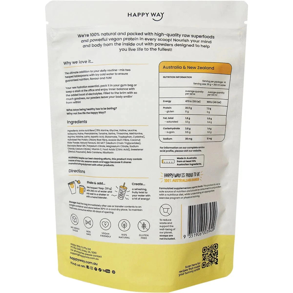 Happy Way Protein Powder Happy Way Vegan Protein Water Tropical Crush 420g