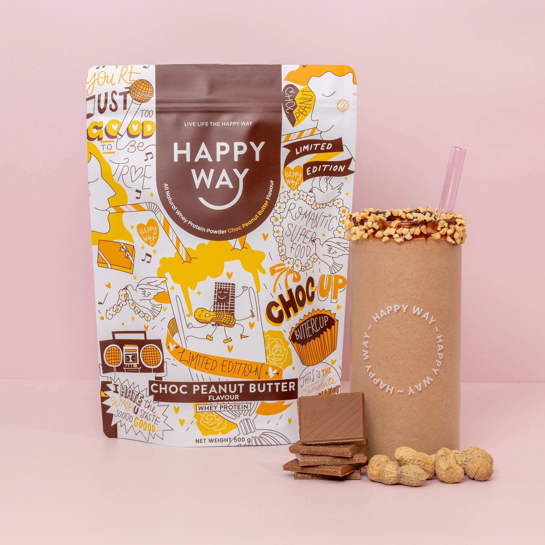 Happy Way Protein Powder Happy Way Whey Protein Powder Choc Peanut Butter 500g