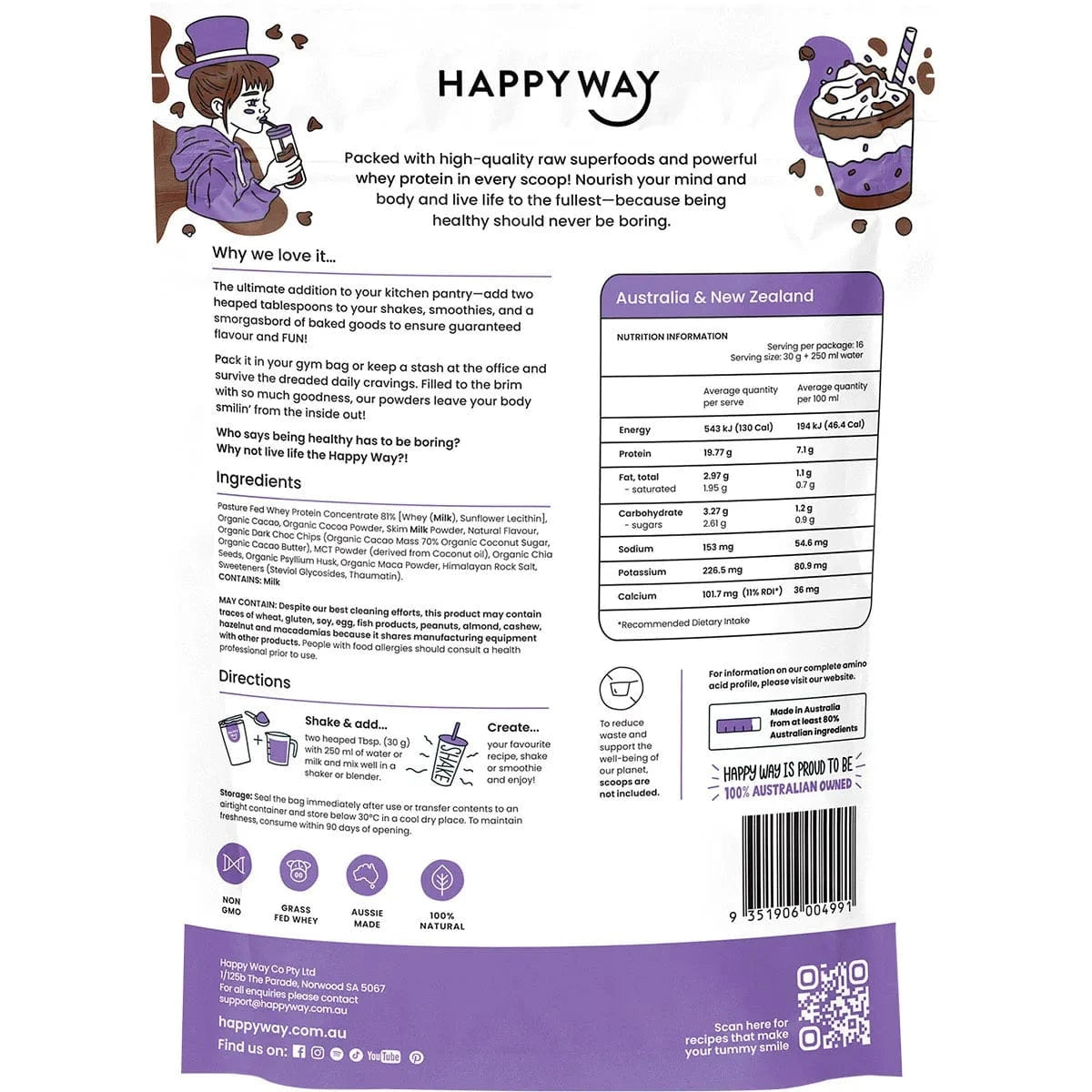Happy Way Protein Powder Happy Way Whey Protein Powder Double Choc Chip 500g