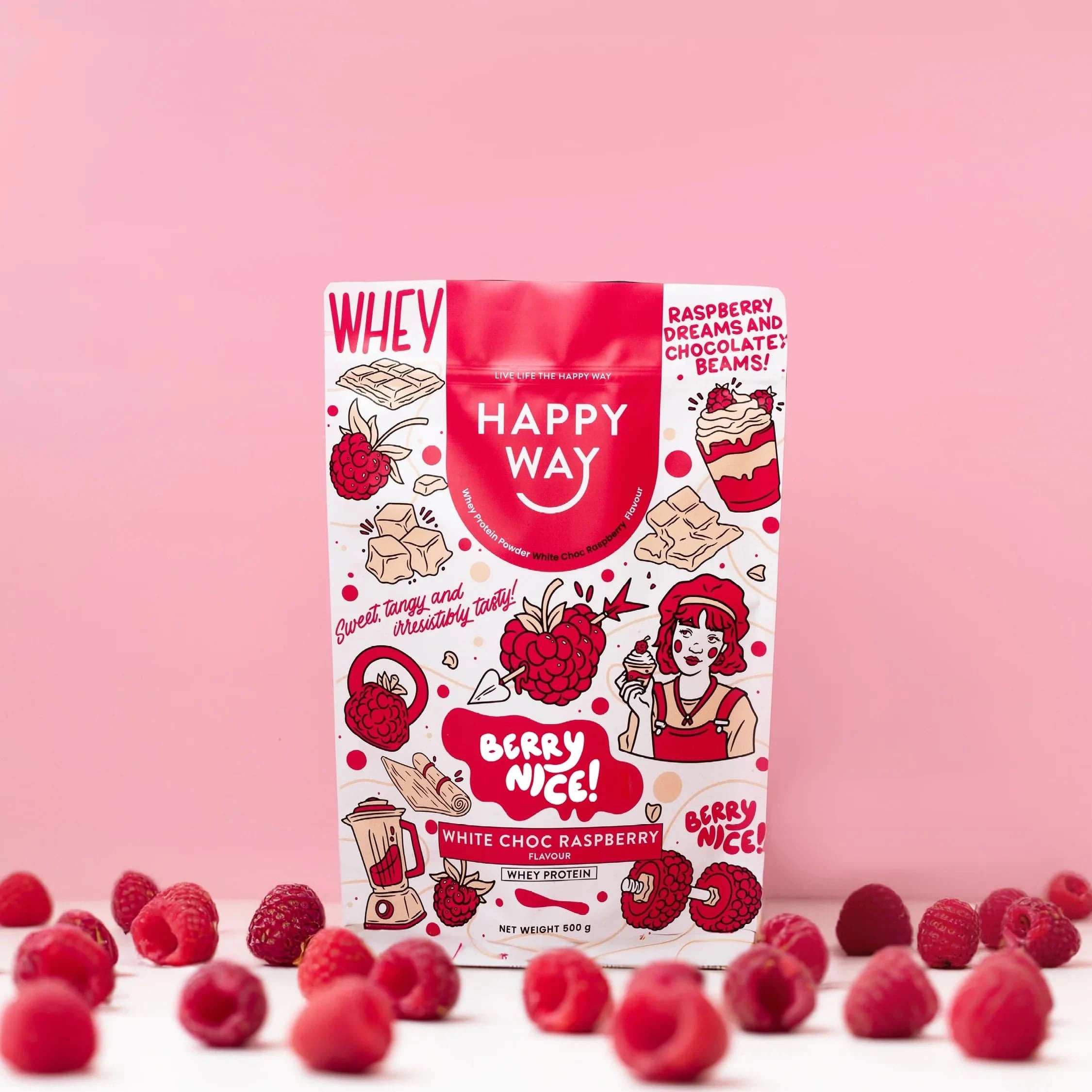 Happy Way Protein Powder Happy Way Whey Protein Powder White Choc Raspberry 500g