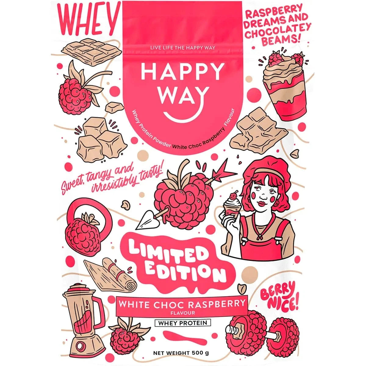 Happy Way Protein Powder Happy Way Whey Protein Powder White Choc Raspberry 500g