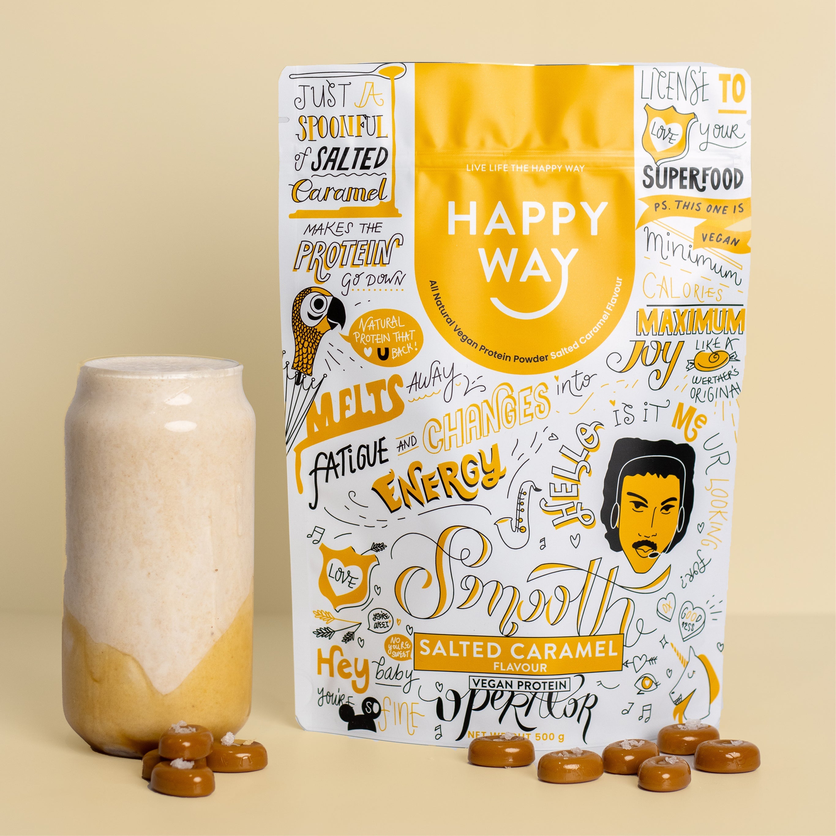 Happy Way Salted Caramel Vegan Protein Powder 500g with prepared shake