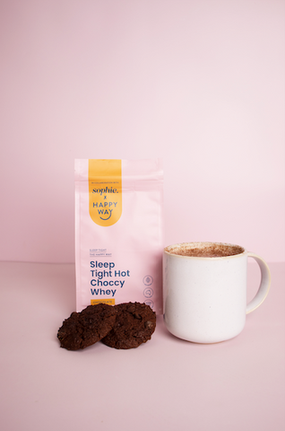 Happy Way Sleep Tight Hot Choccy Whey 200g with prepared hot chocolate