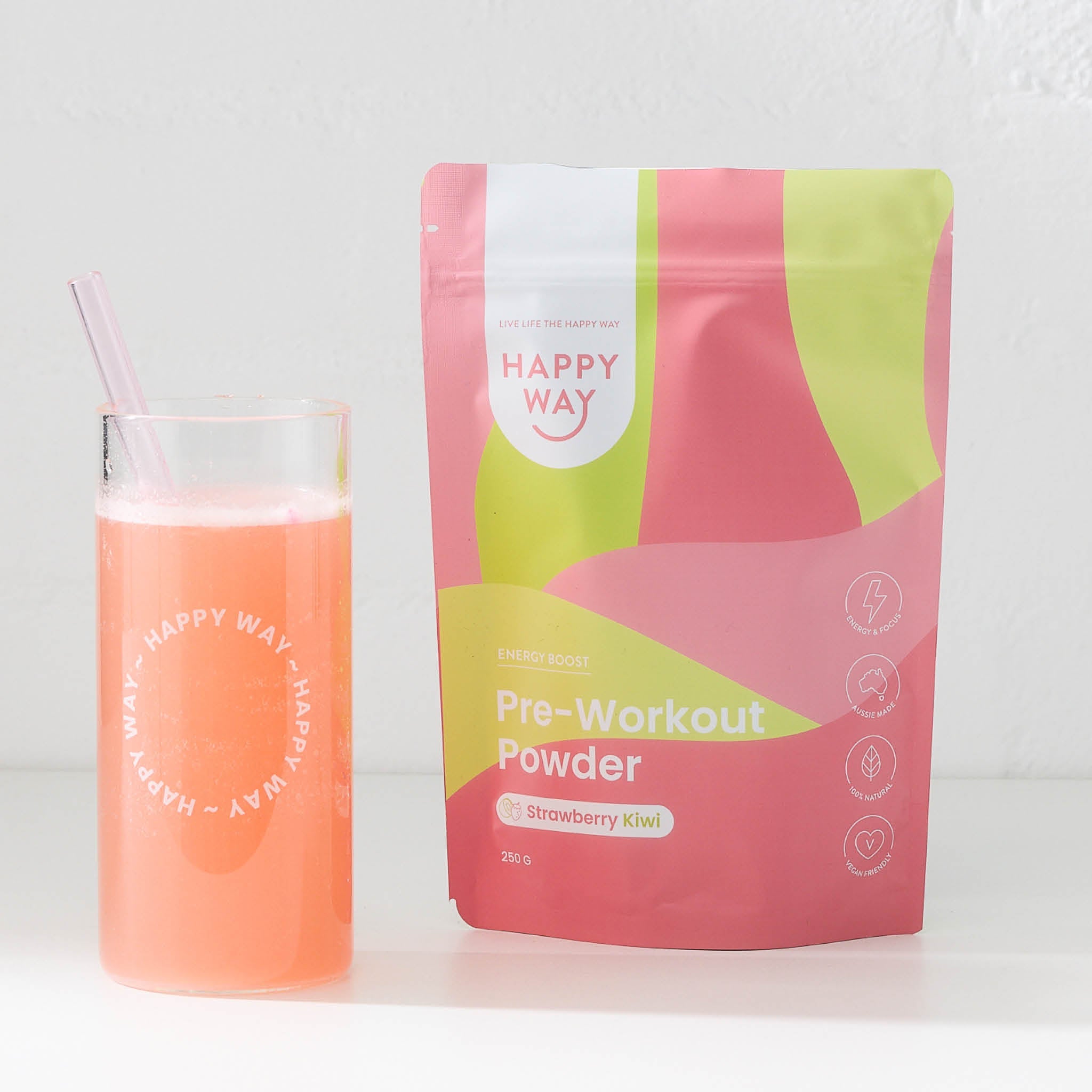 Happy Way Strawberry Kiwi Pre-Workout Powder 250g with prepared drink