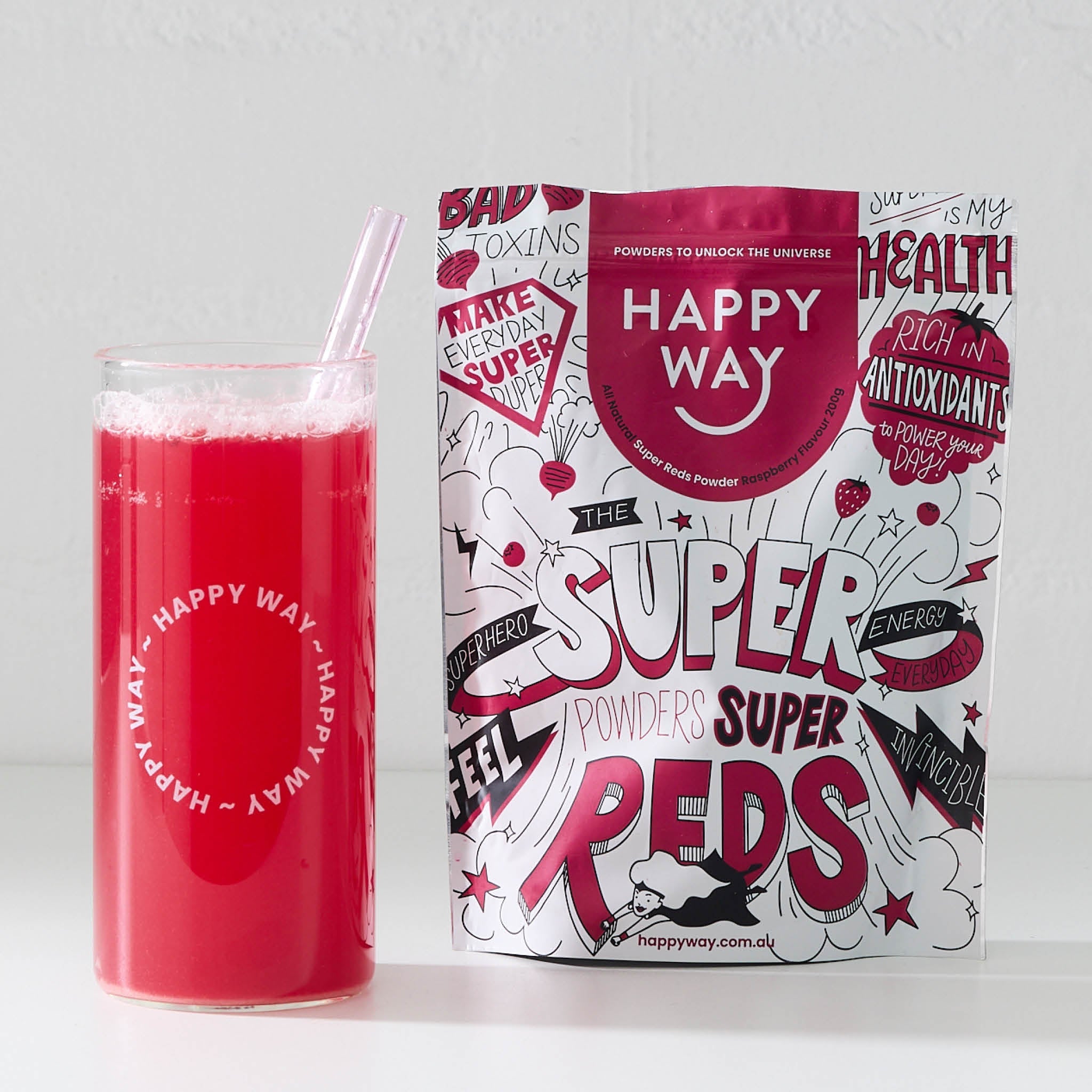 Happy Way Super Reds Powder Raspberry 200g with prepared drink