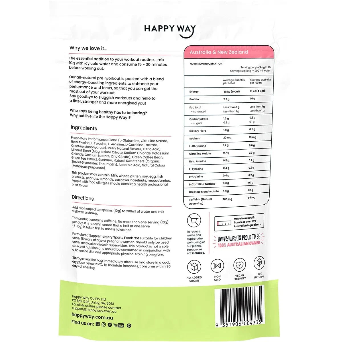 Happy Way Supplements Happy Way Pre-Workout Powder Strawberry Kiwi 250g