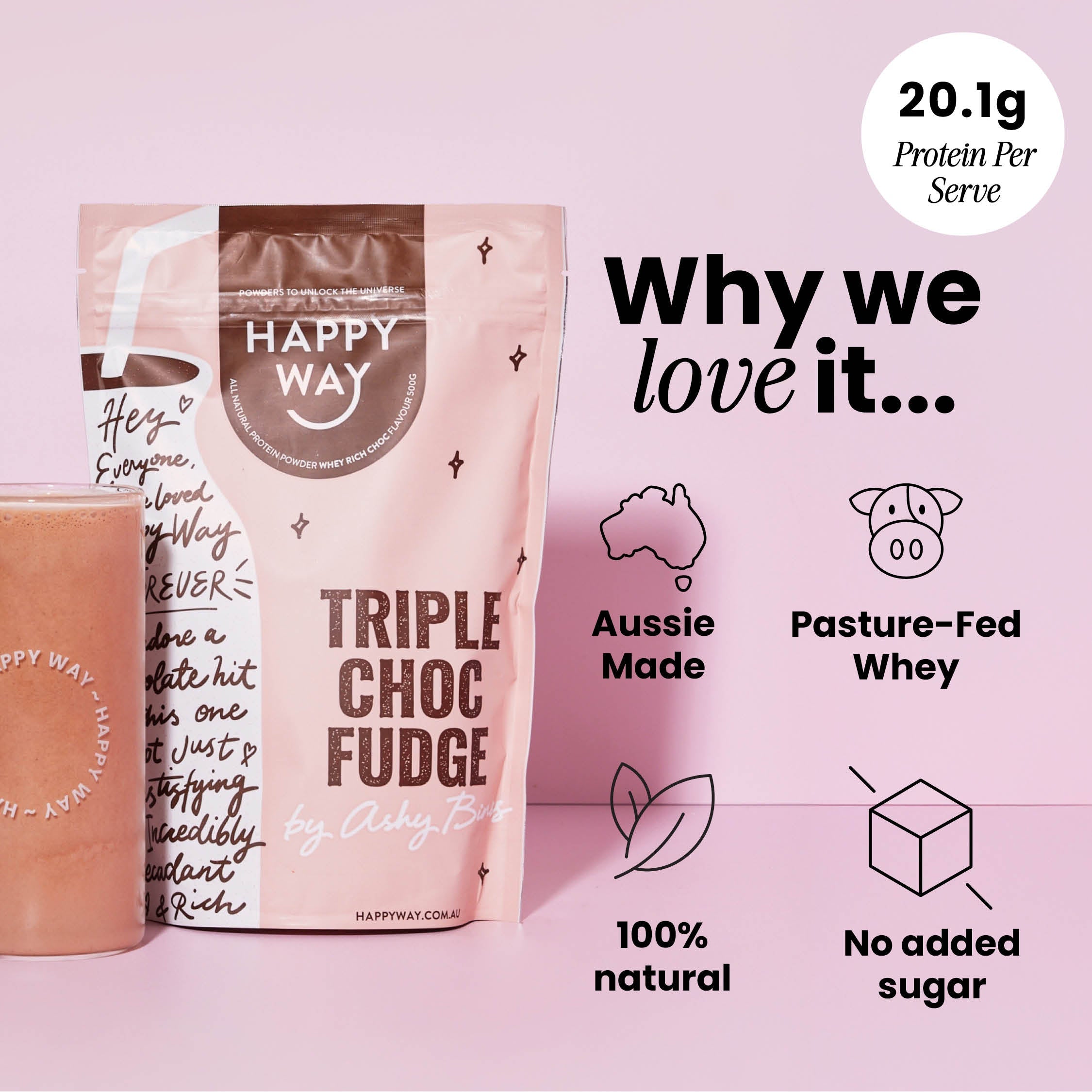 Happy Way Ashy Bines Triple Choc Fudge Whey Protein Powder 500g product benefits
