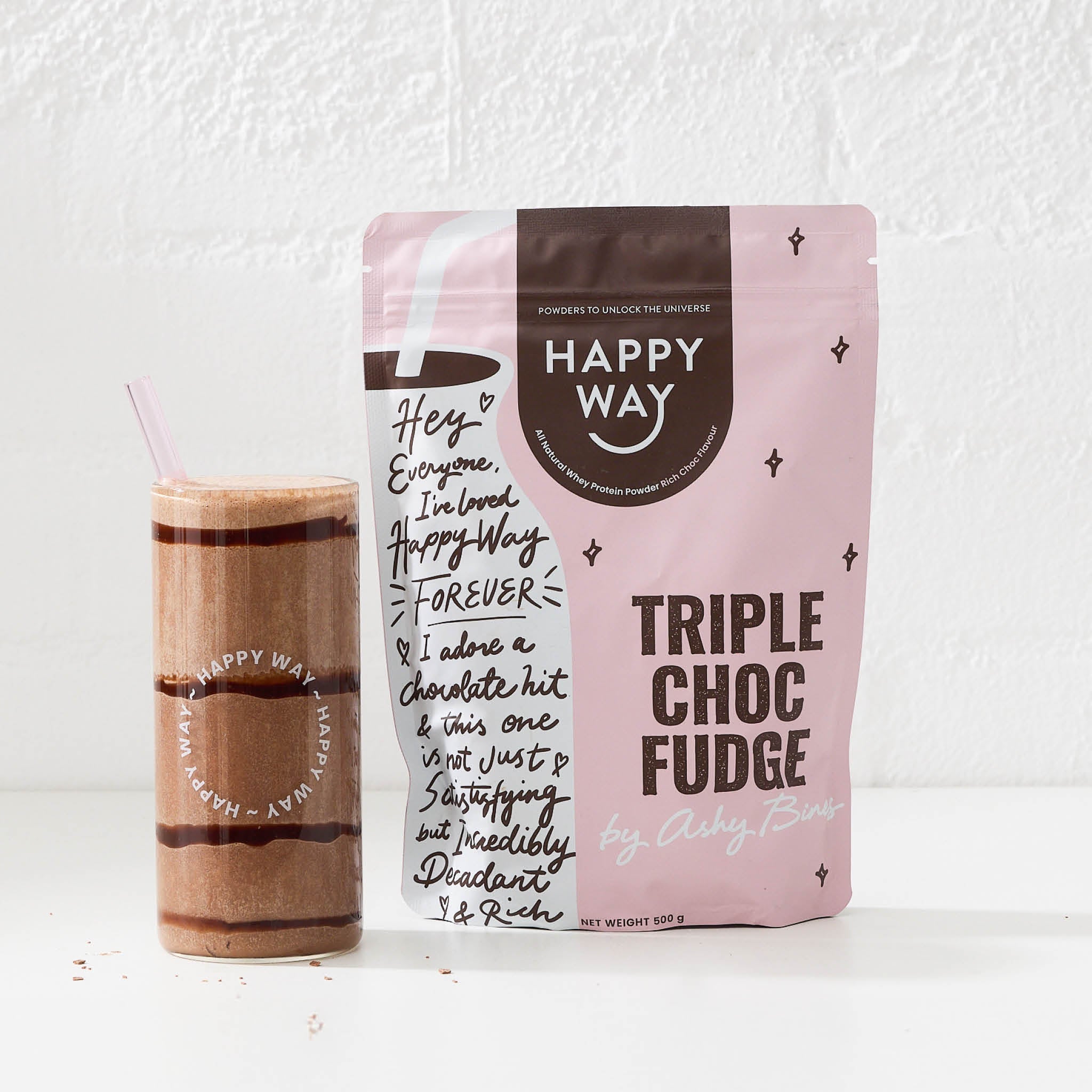 Happy Way Ashy Bines Triple Choc Fudge Whey Protein Powder 500g prepared serving