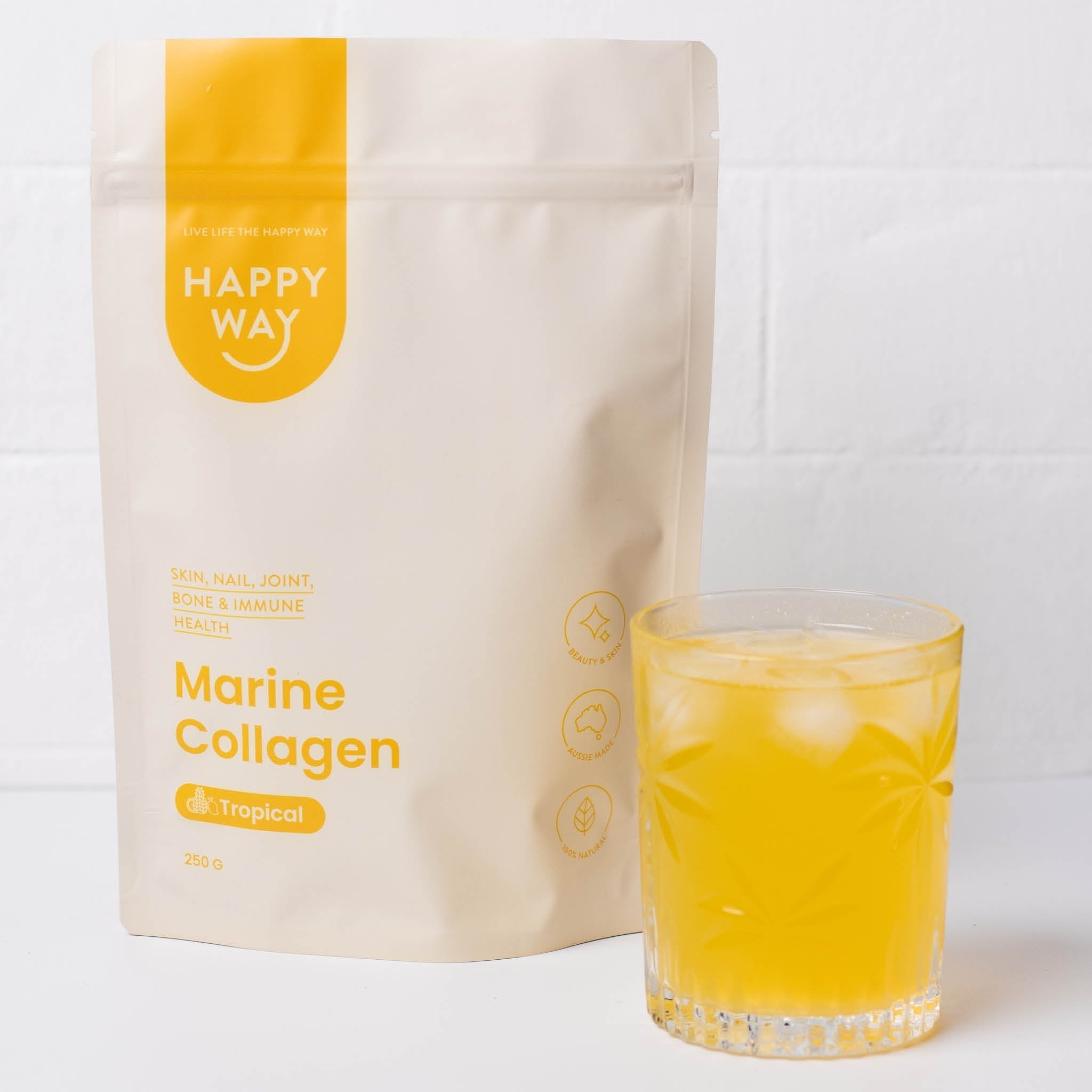Happy Way Tropical Marine Collagen Powder 250g with prepared drink