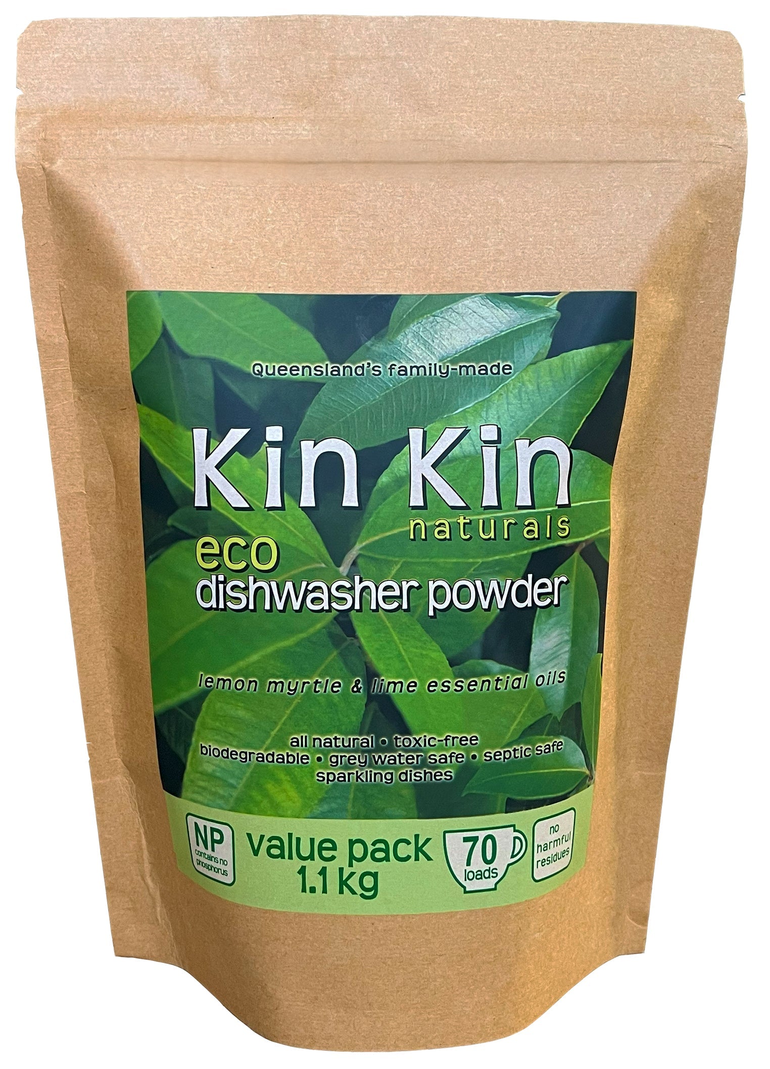 Kin Kin Naturals Dishwasher Powder Lemon Myrtle & Lime 1.1kg — exact barcode 9370510501535 front image
