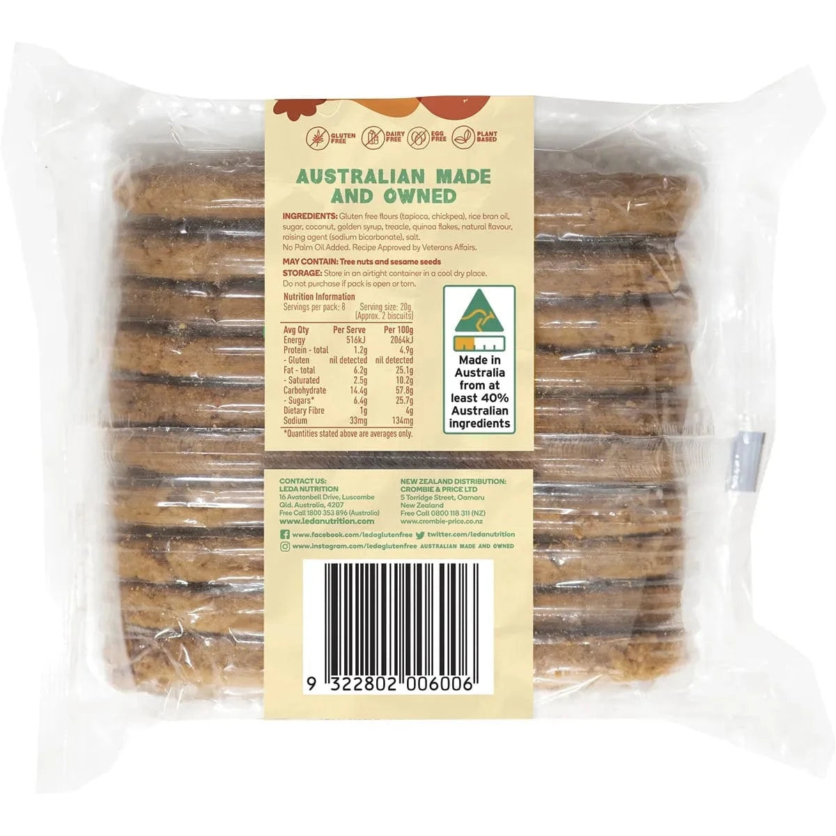 Leda Snack Foods Leda ANZAC Biscuits Bakery Range 6 x 250g