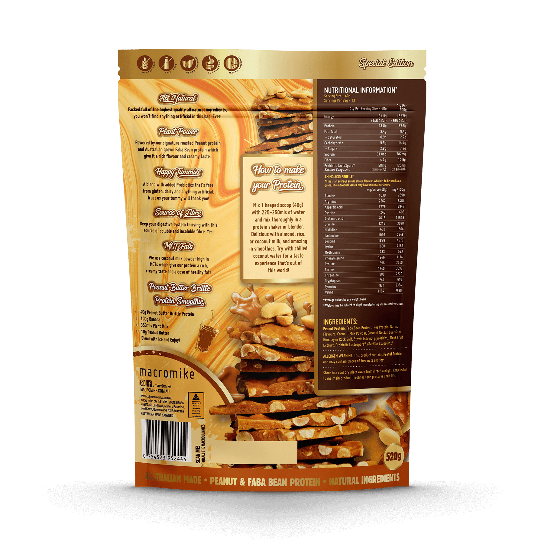 Macro Mike Protein Powder Macro Mike Peanut Plant Protein Peanut Butter Brittle 520g