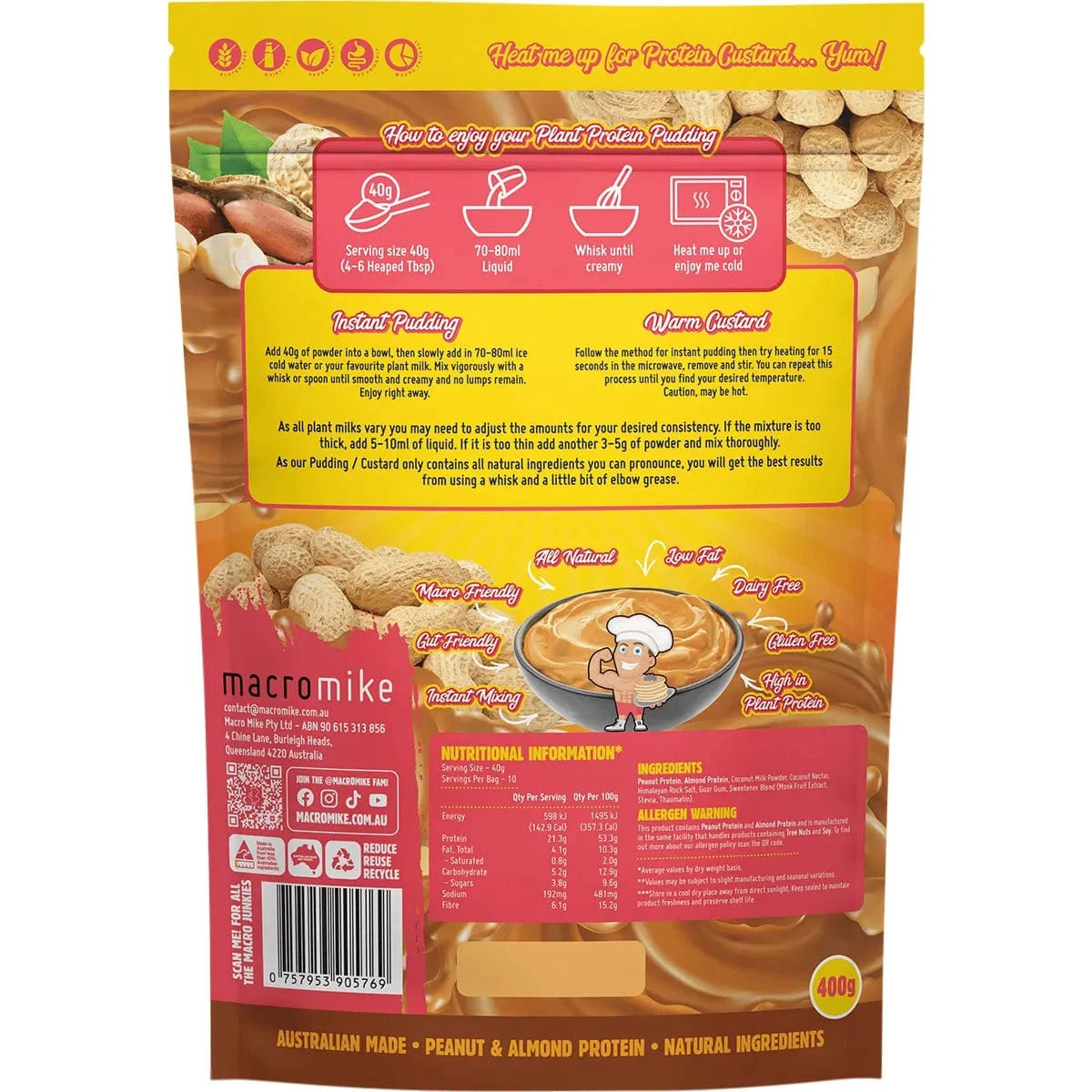 Macro Mike Protein Powder Macro Mike Plant Protein Pudding Choc Peanut Truffle Fudge 400g