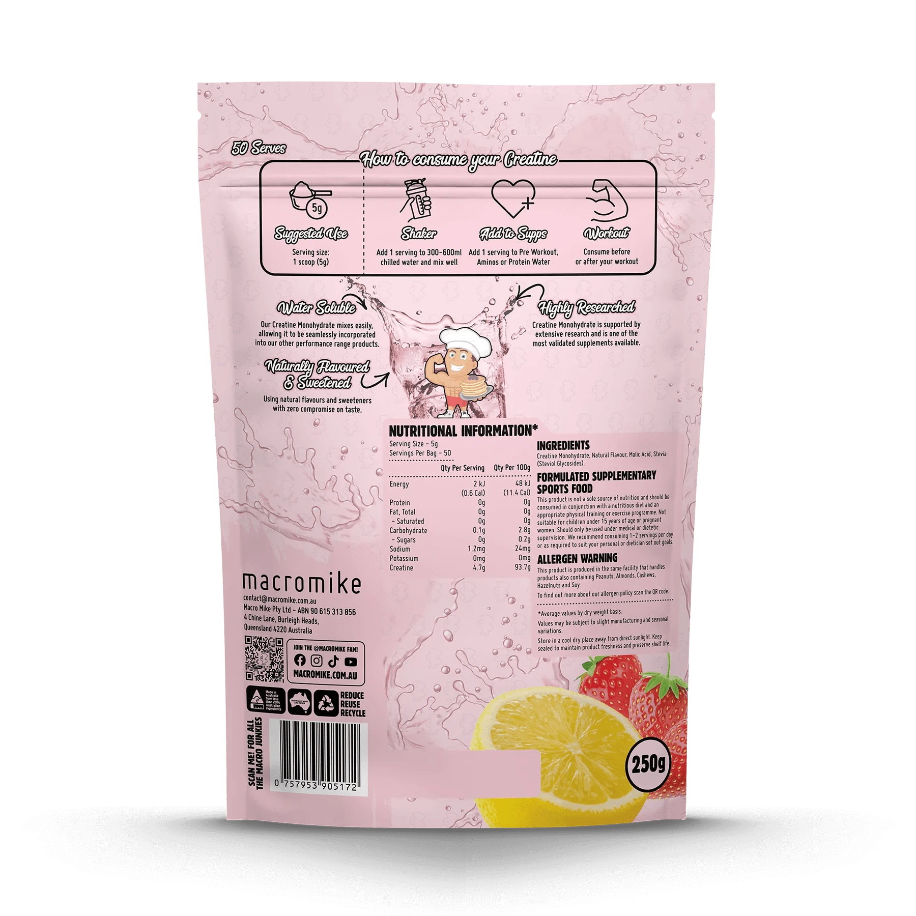 Macro Mike Supplements Macro Mike Plant Based Creatine Monohydrate Strawberry Lemonade 250g