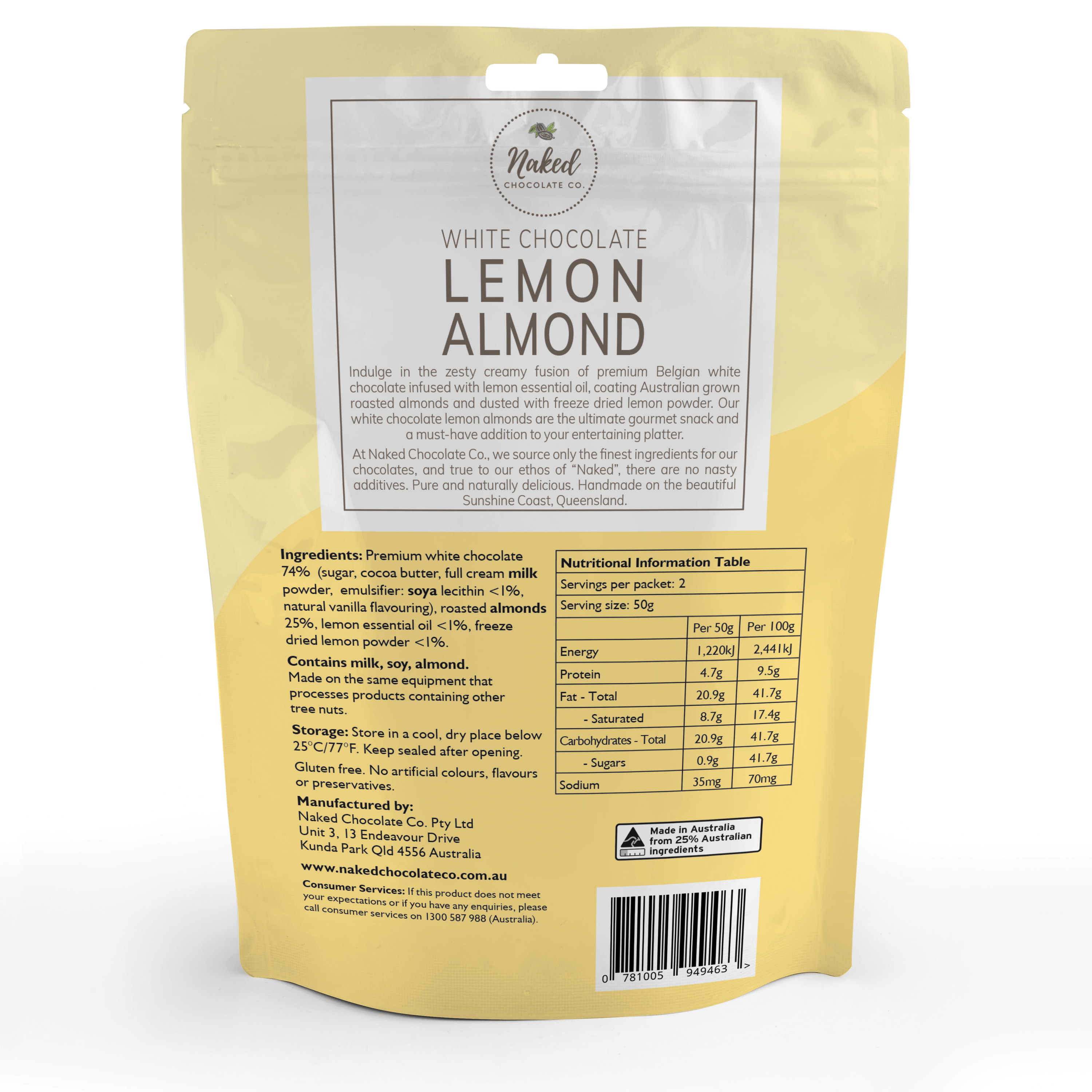 Naked Chocolate Co Snack Foods Naked Chocolate Co Lemon Almond White Chocolate 100g