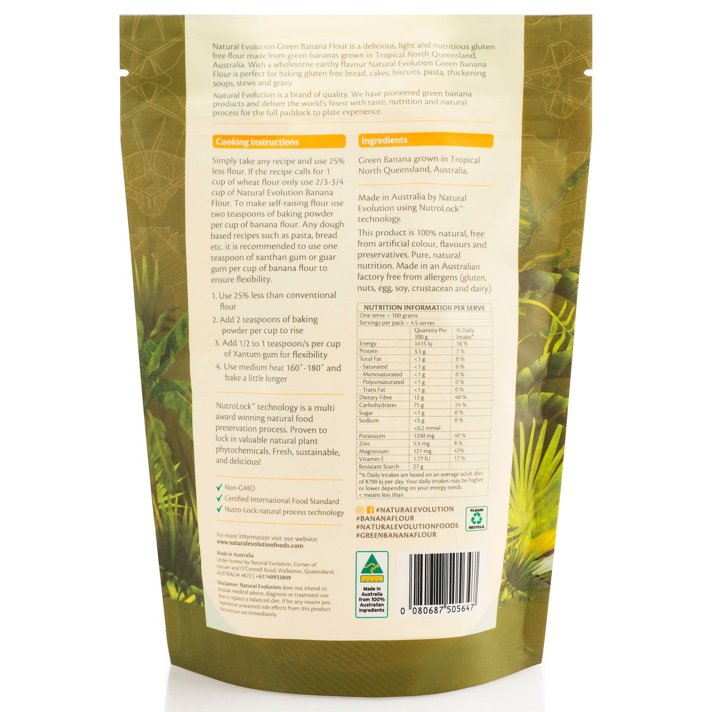 Natural Evolution Green Banana Baking Flour 454g — official back panel