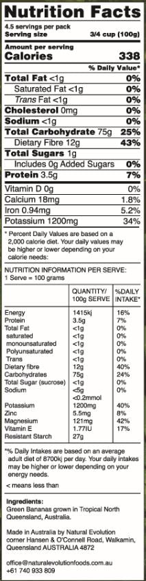 Natural Evolution Green Banana Baking Flour 454g — official nutrition and ingredients panel