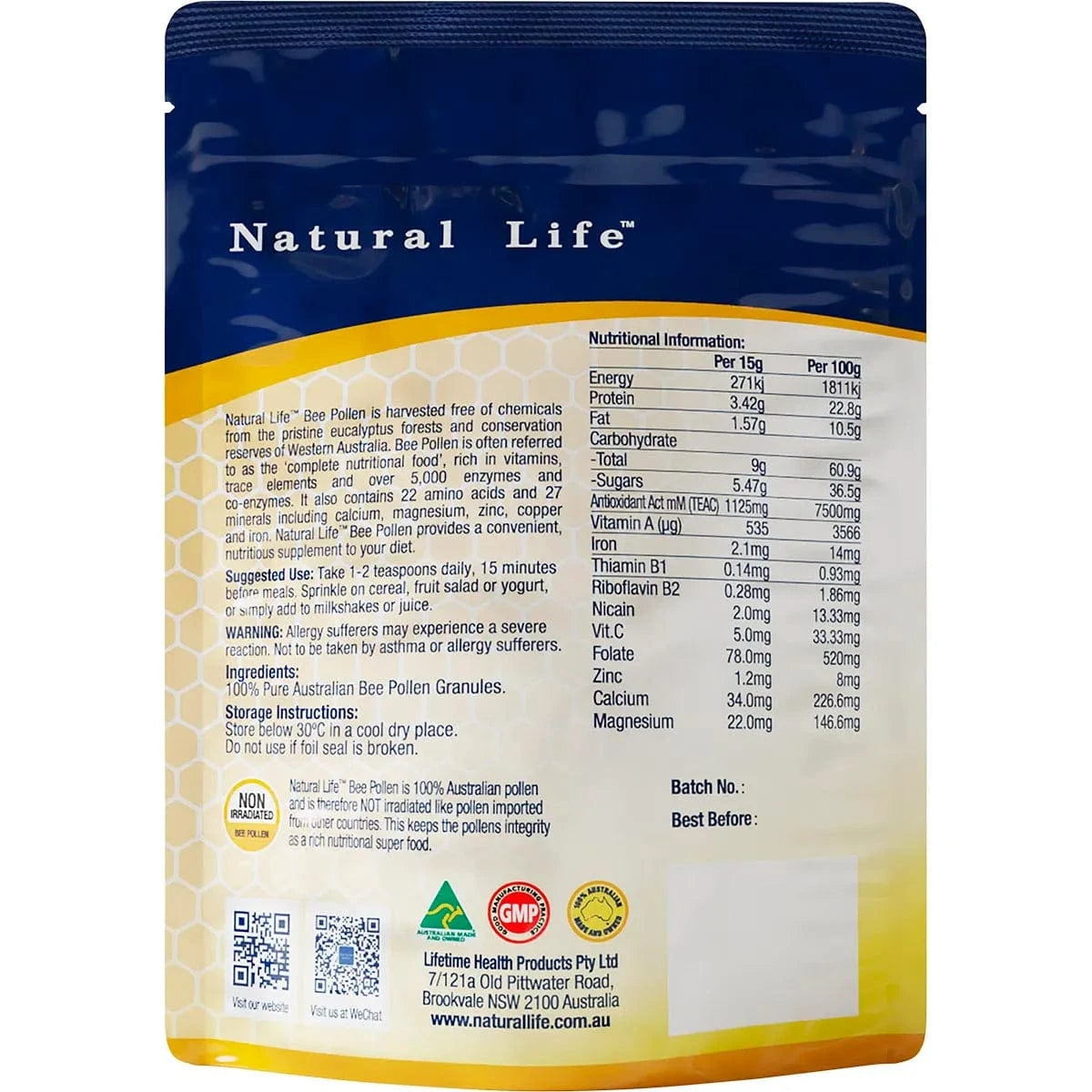 Natural Life Vitamins & Supplements Natural Life Bee Pollen Granules 250g