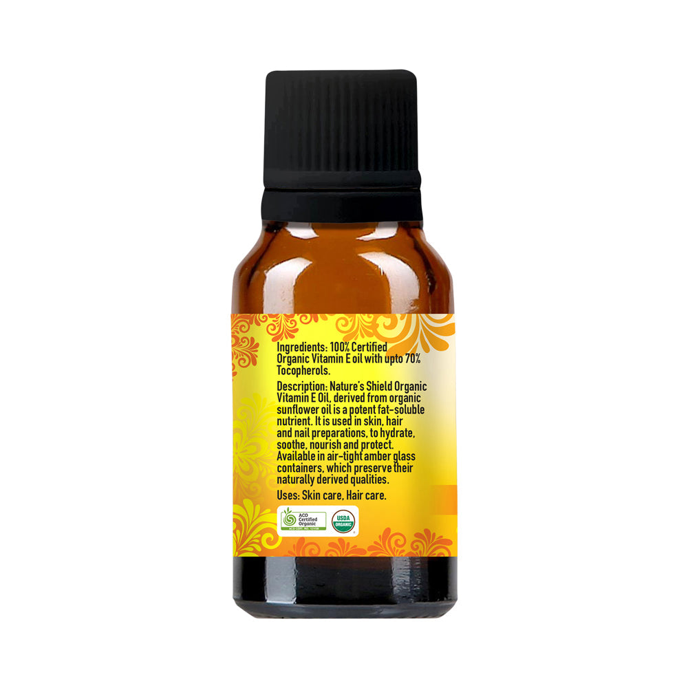 Nature's Shield Organic Vitamin E Oil 25ml ingredients and product information label