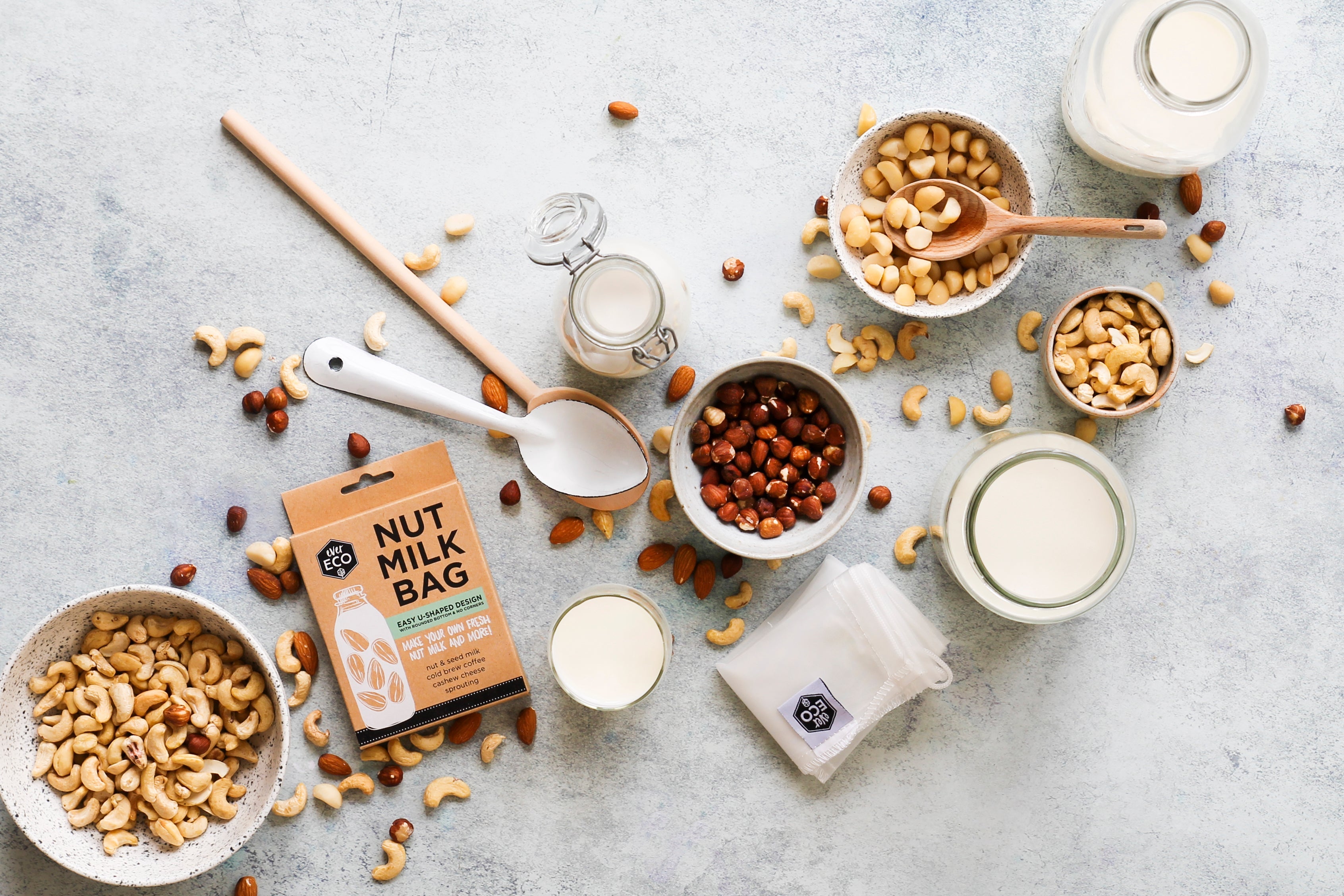 Ever Eco Nut Milk Bag styled flatlay lifestyle image