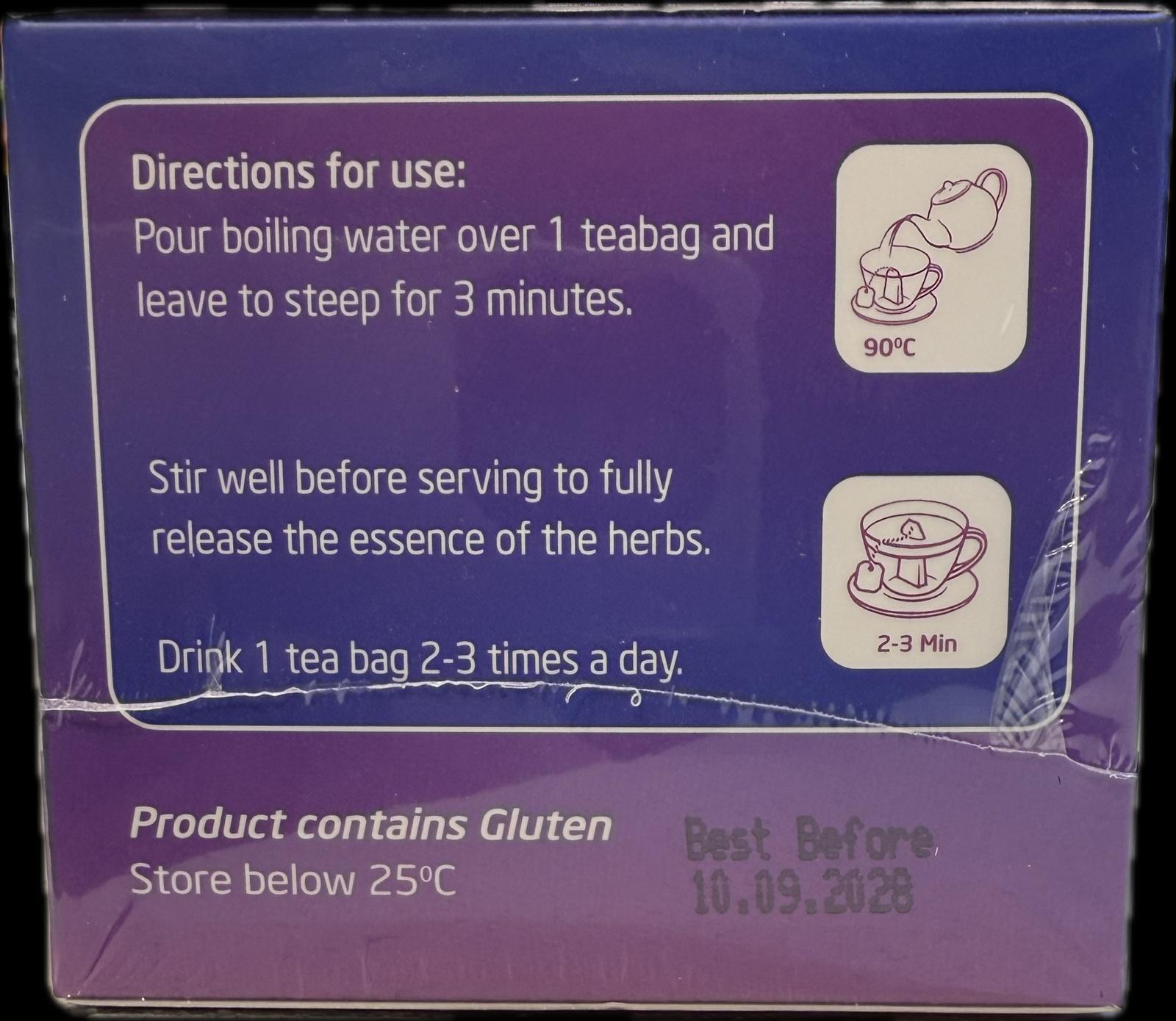 Nutri-Leaf Sleep & Relax Herbal Tea 15pk directions and storage panel