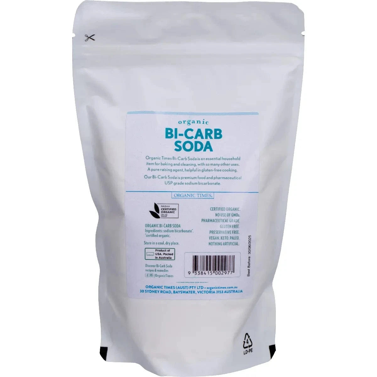 Organic Times Health & Beauty Organic Times Bi-Carb Soda Organic Pharmaceutical Grade 500g
