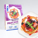PBCO Plant Protein Pancakes Mix 300g — official pouch and prepared berry pancakes lifestyle image