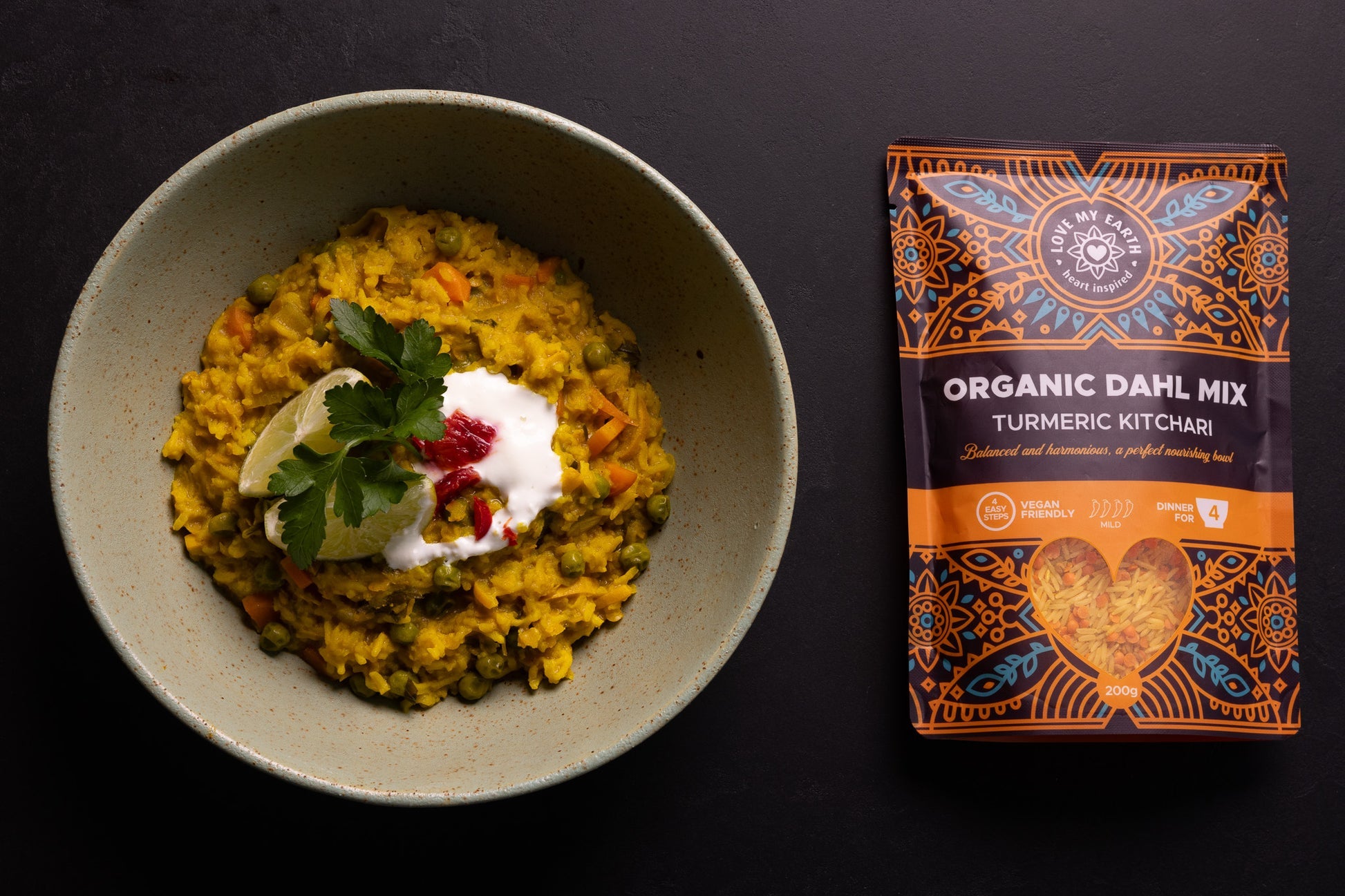 Love My Earth Organic Dahl Turmeric Kitchari 200g — official product-visible prepared meal lifestyle image