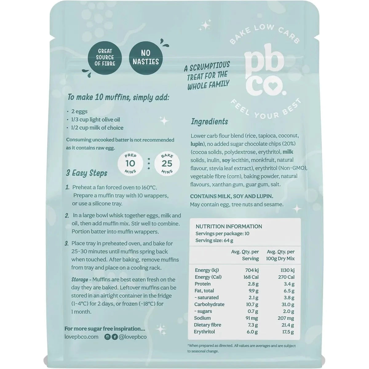 PBCO Baking Mixes PBCO Choc Chip Muffin Mix No Sugar Added 340g