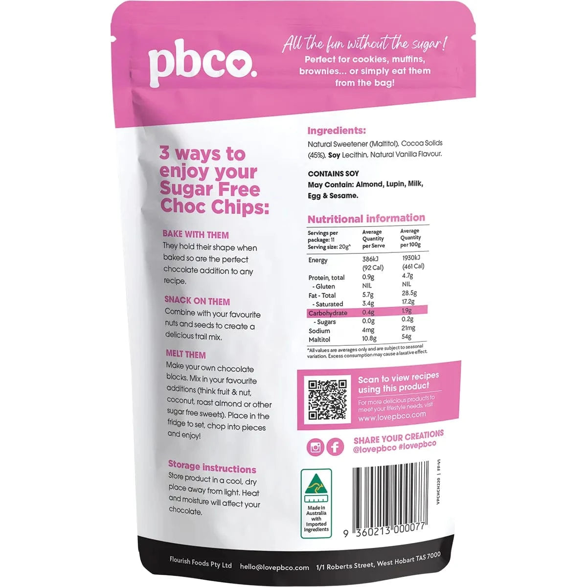 PBCO Baking Mixes PBCO Chocolate Chips 98% Sugar Free 220g