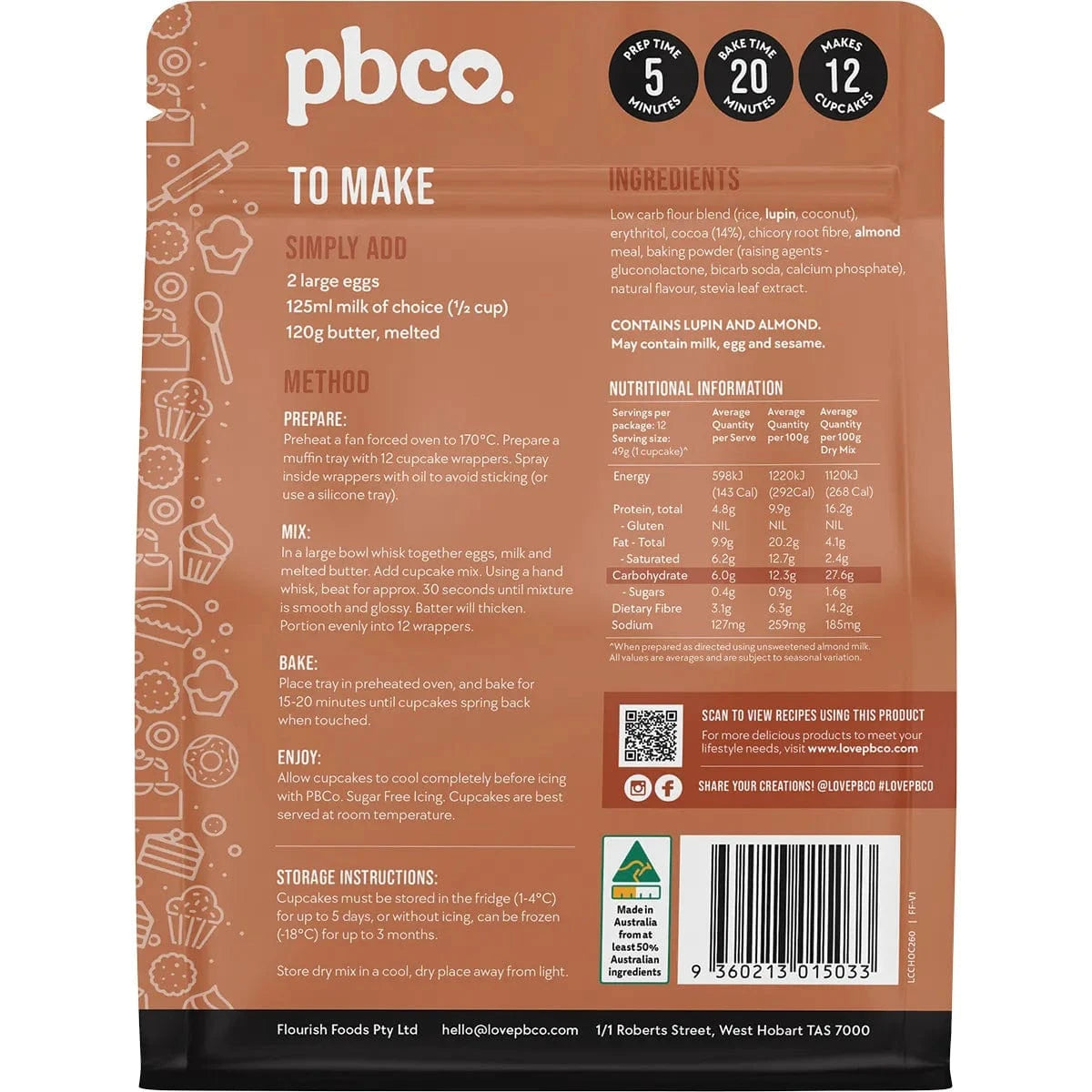 PBCO Baking Mixes PBCO Chocolate Cupcake Mix Low Carb 260g