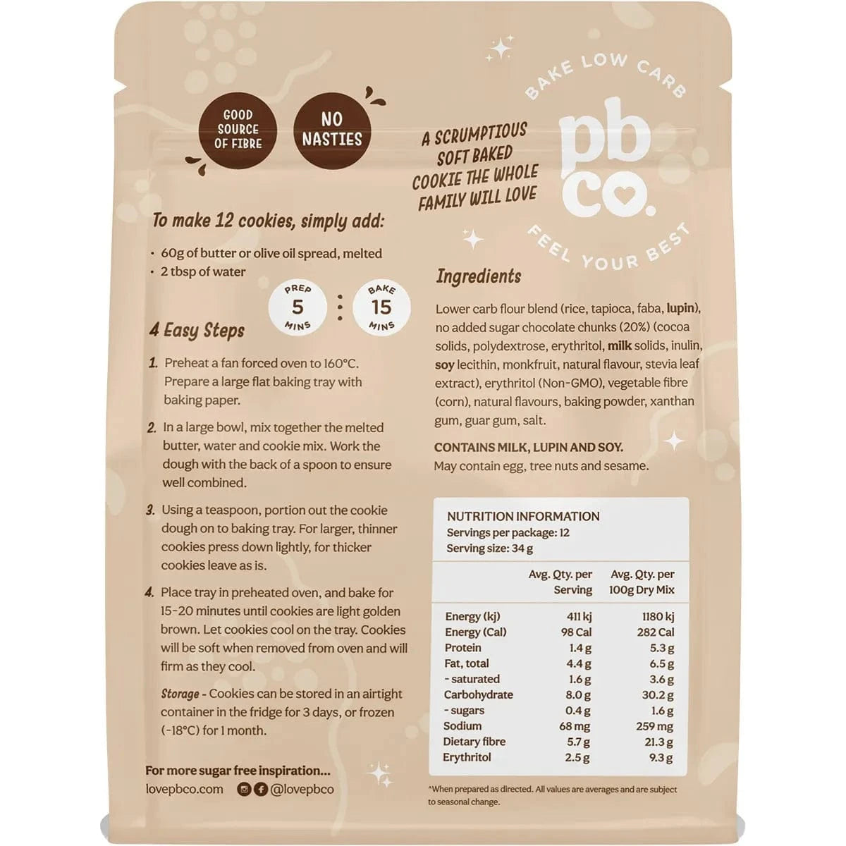 PBCO Baking Mixes PBCO Chunky Choc Chip Cookie Mix No Sugar Added 320g