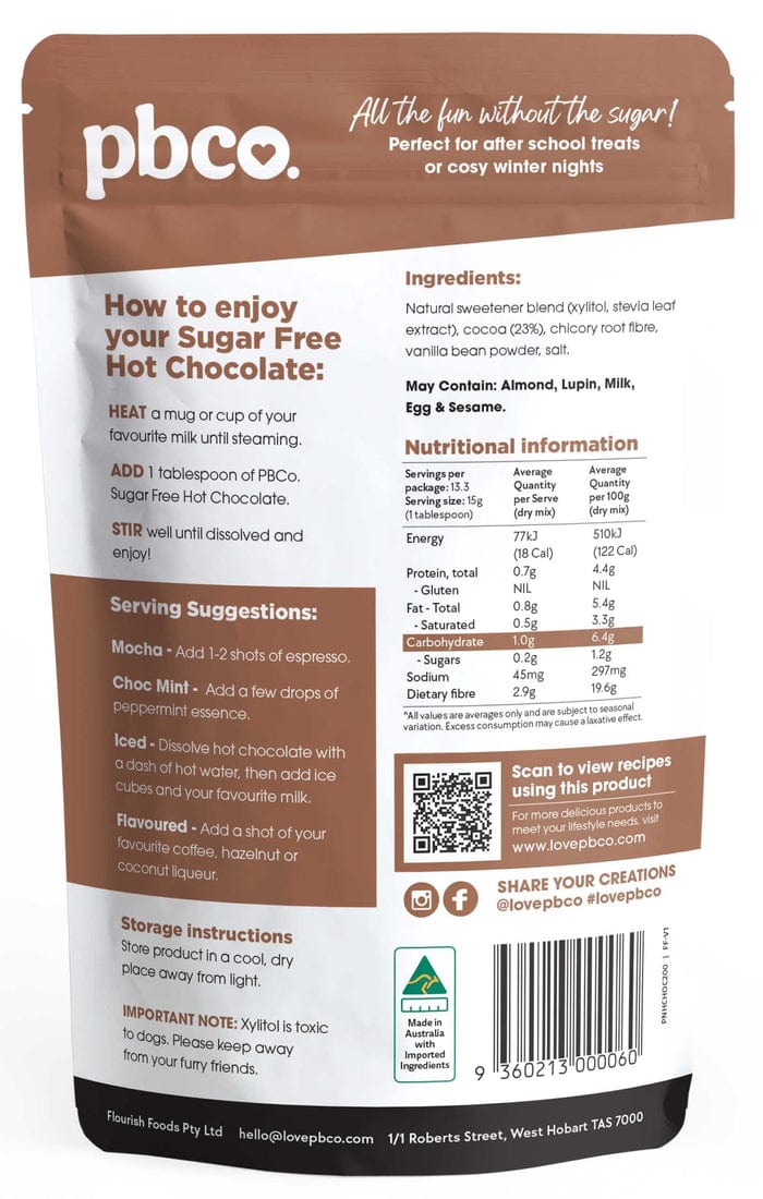 PBCO Baking Mixes PBCO Hot Chocolate 98% Sugar Free 200g