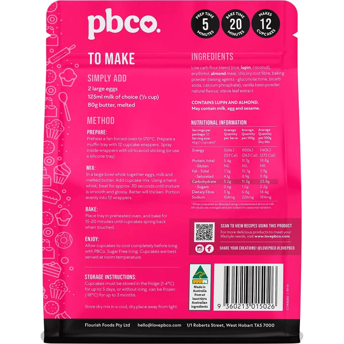 PBCO Baking Mixes PBCO Low Carb Vanilla Cupcake Mix 260g