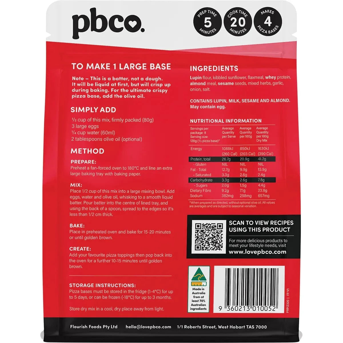 PBCO Baking Mixes PBCO Protein Pizza Base 320g
