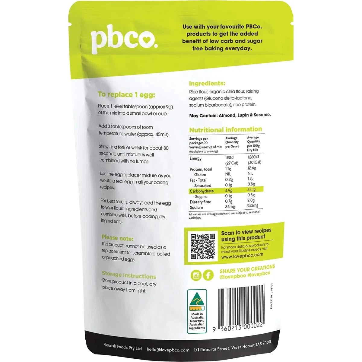 PBCO Baking Mixes PBCO Vegan Egg Replacer With Organic Chia 180g