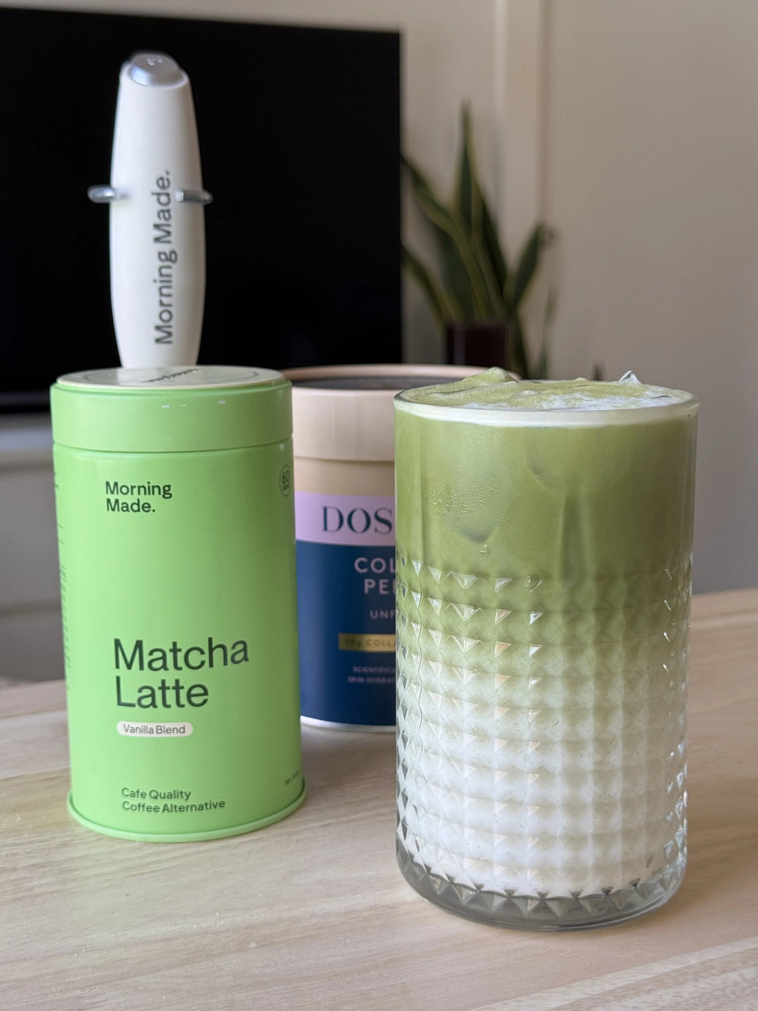 Morning Made Vanilla Matcha Latte — official canister and prepared matcha lifestyle image