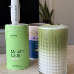Morning Made Vanilla Matcha Latte — official canister and prepared matcha lifestyle image
