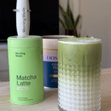 Morning Made Vanilla Matcha Latte — official canister and prepared matcha lifestyle image