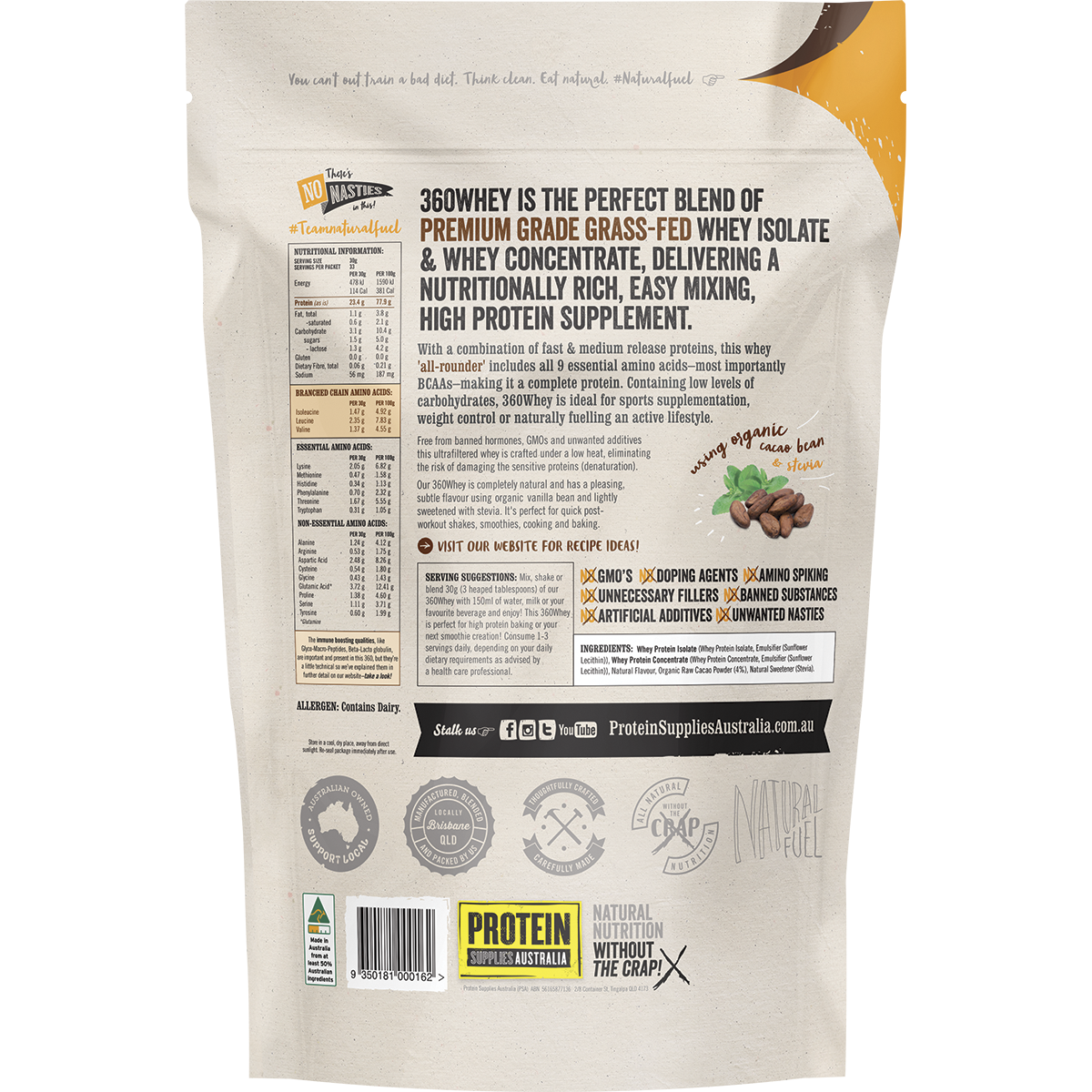 Protein Supplies Australia 360Whey (WPI+WPC Combo) Chocolate — pt66 back image