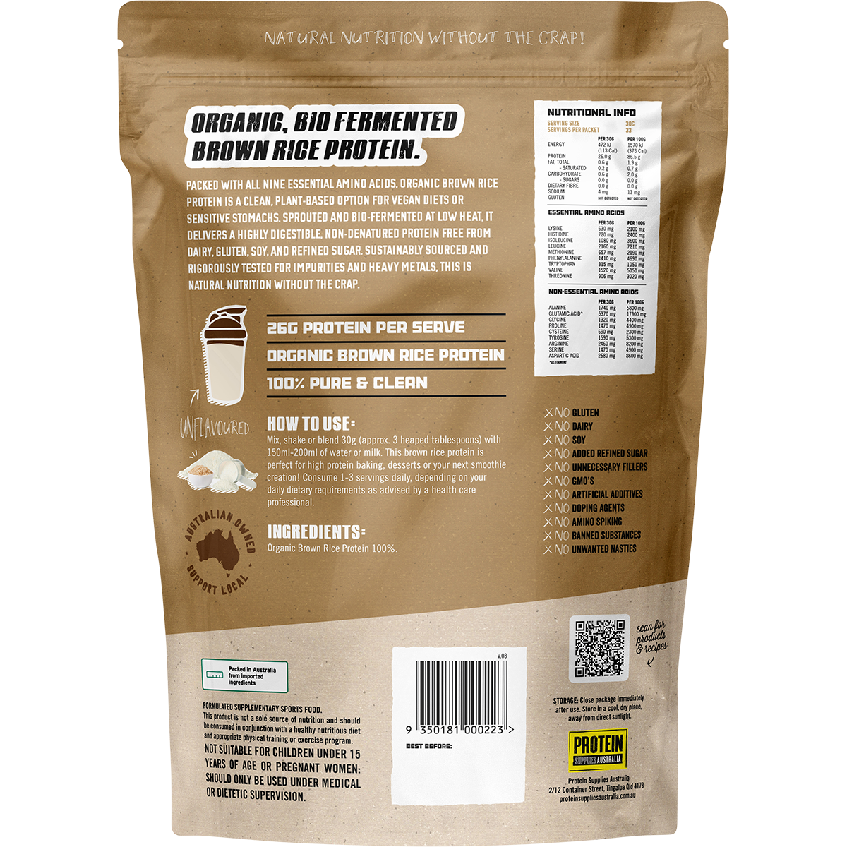 Protein Supplies Australia BioPro Sprouted Brown Rice Pure 1kg back image